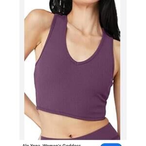 Alo Yoga Goddess ribbed-knit V-neck crop top in dark mauve purple sz M
